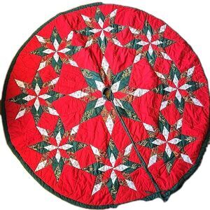 Vintage 52” Red White Green Quilted Star Country Christmas Quilt Tree Skirt